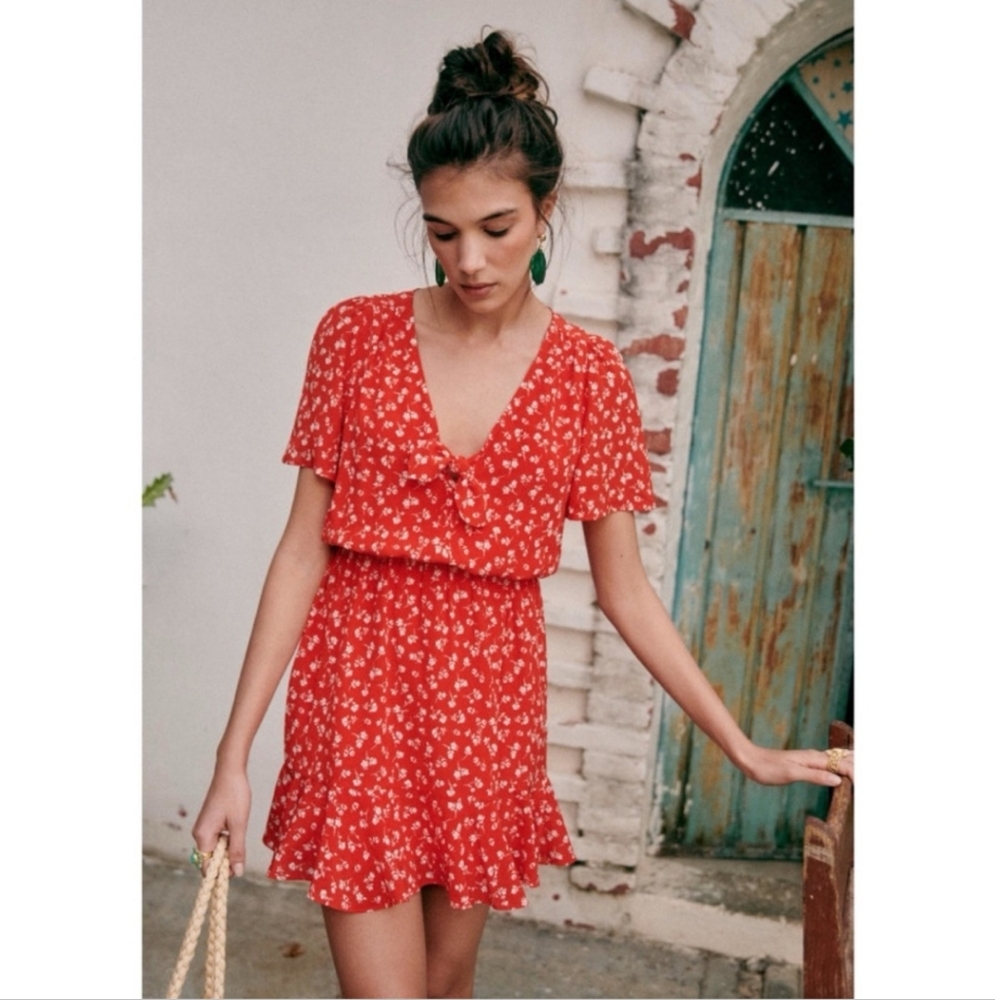 Sezane | Gigi Dress in Silk Coral Mini Flowers FR36, US4 100% Silk